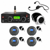 4-person church translation system with FM transmitter, four receivers, wired headphones and headband microphone on a white background.